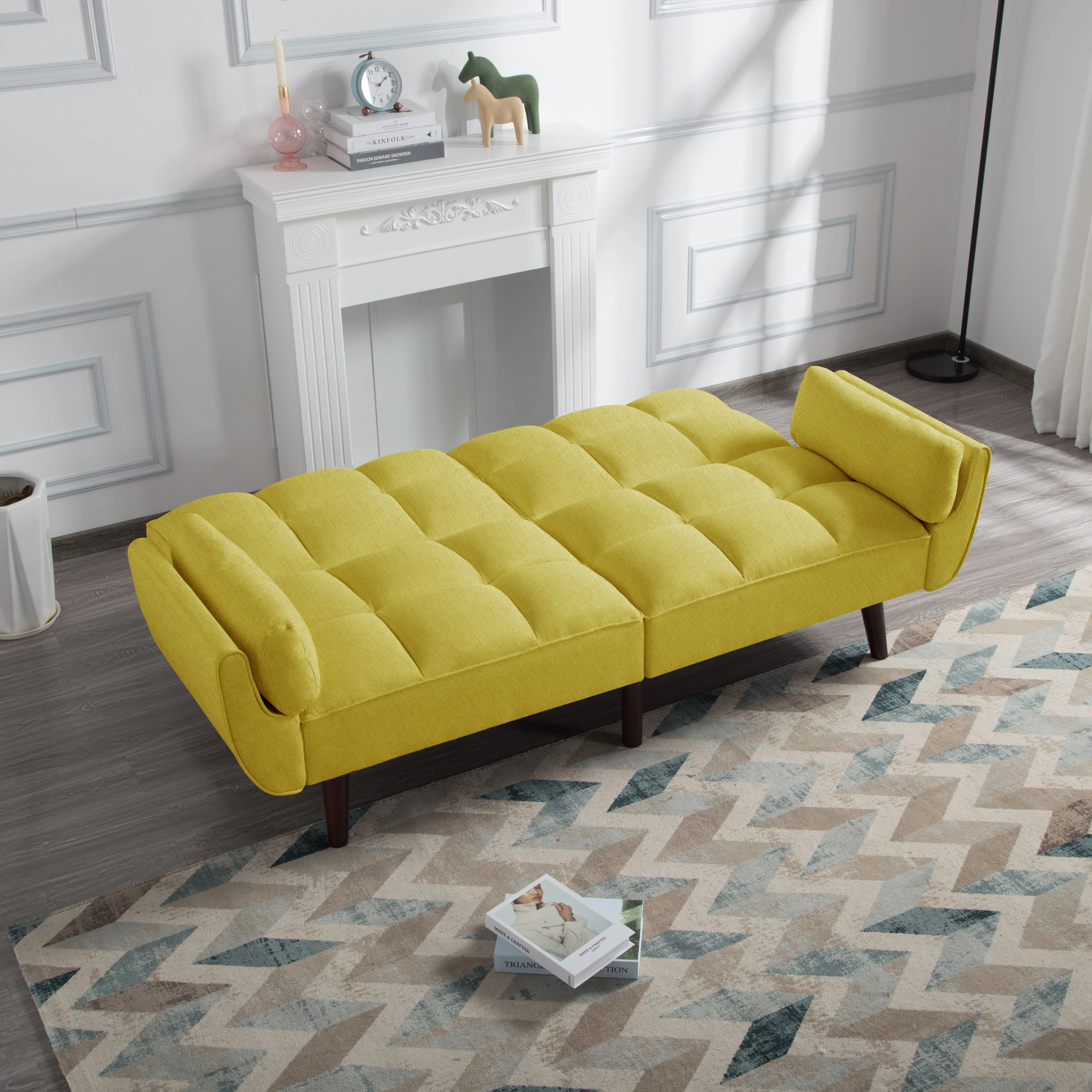 BSHTI 74.4 inch Foam Futon Sofa Bed,Converted Futon Sofa Sleeper with 2 Pillows for Livingroom(Yellow)