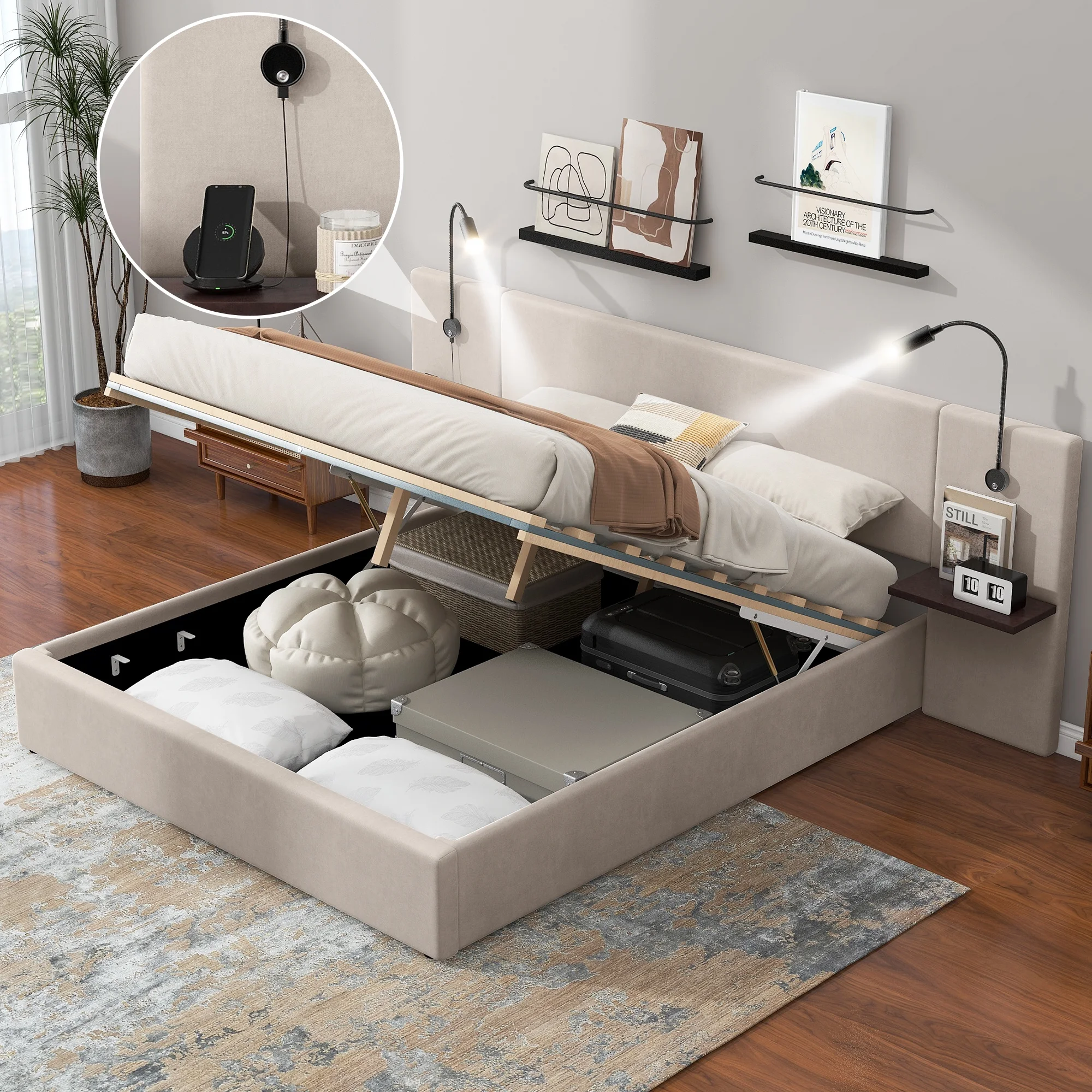 Full Upholstery Platform Bed with Lift up Storage and LED Headboard for Kids, White