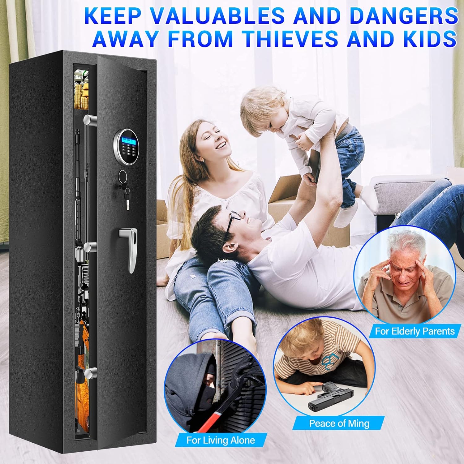 Fireproof Gun Safes for Home Rifle and Pistols, Heavy Duty Anti-Theft Long Gun Safes for Rifles and Shotguns with 3 Pistol Pockets
