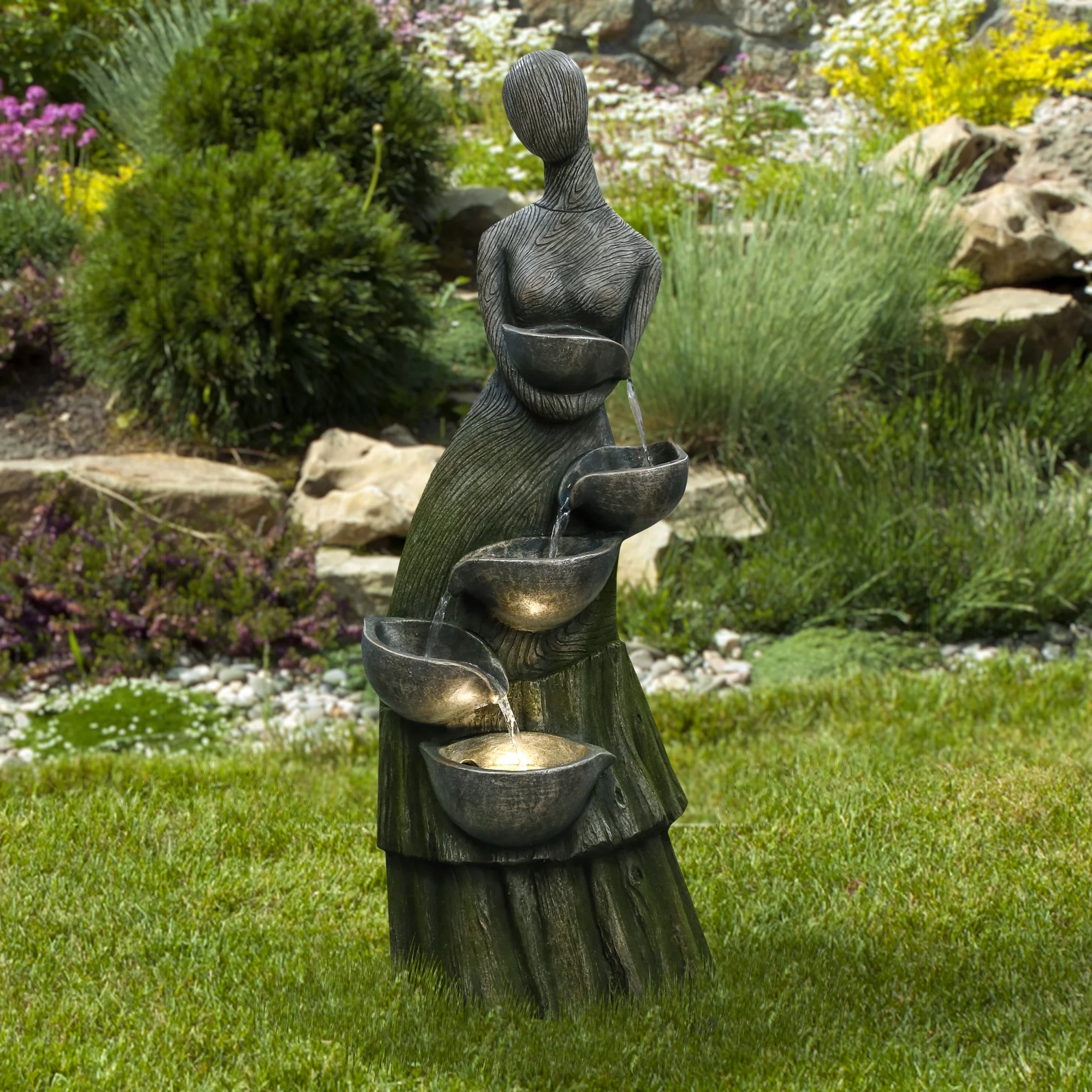 Northlight 39" Lighted Modern Faceless Woman Tiered Outdoor Garden Water Fountain
