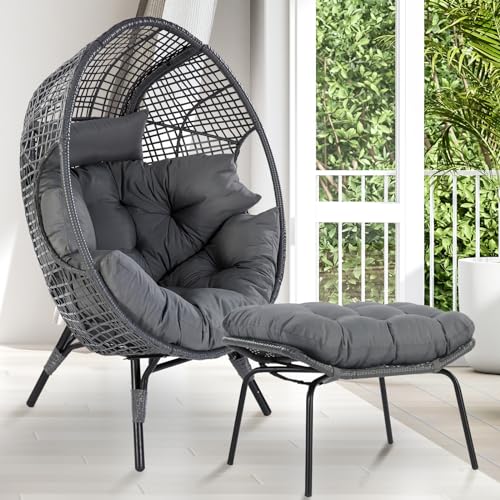 NICESOUL Stationary Egg Chair Indoor Outdoor Wicker Oversized Thick Cushions Egg Shaped Loveseat Chair