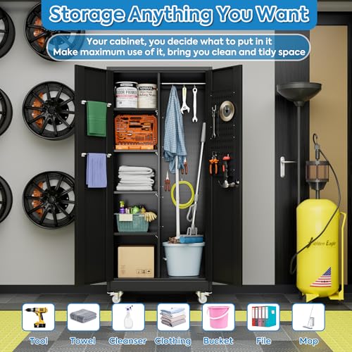 Garage Storage Cabinet with Wheels & Pegboard, 72" H Locking Metal Storage Cabinet with Doors and 4 Adjustable Shelves for Garage Workshop Home