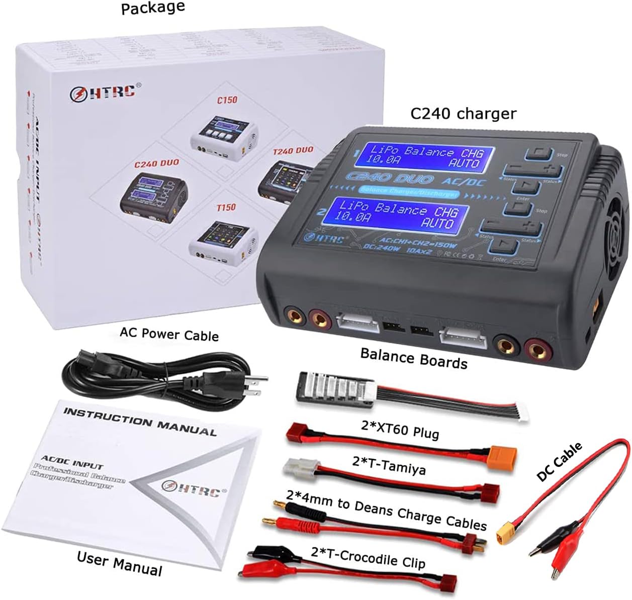 HTRC C240 Dual LiPo Balance Charger 1S-6S AC 150W DC 240W 10A RC Battery Charger Battery Charger Discharge for LiPo/Li-ion/Life(1-6s)