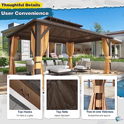 MELLCOM 10'x13' Hardtop Gazebo with Polycarbonate Double Roof, Aluminum Frame Outdoor Gazebo Permanent Pavilion with Curtains and Netting for Patio