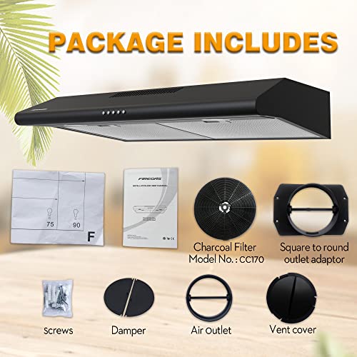 FIREGAS 30 inch Range Hood Under Cabinet, Ducted/Ductless Convertible Stainless Steel Kitchen Range Hood with Rocker Button Control