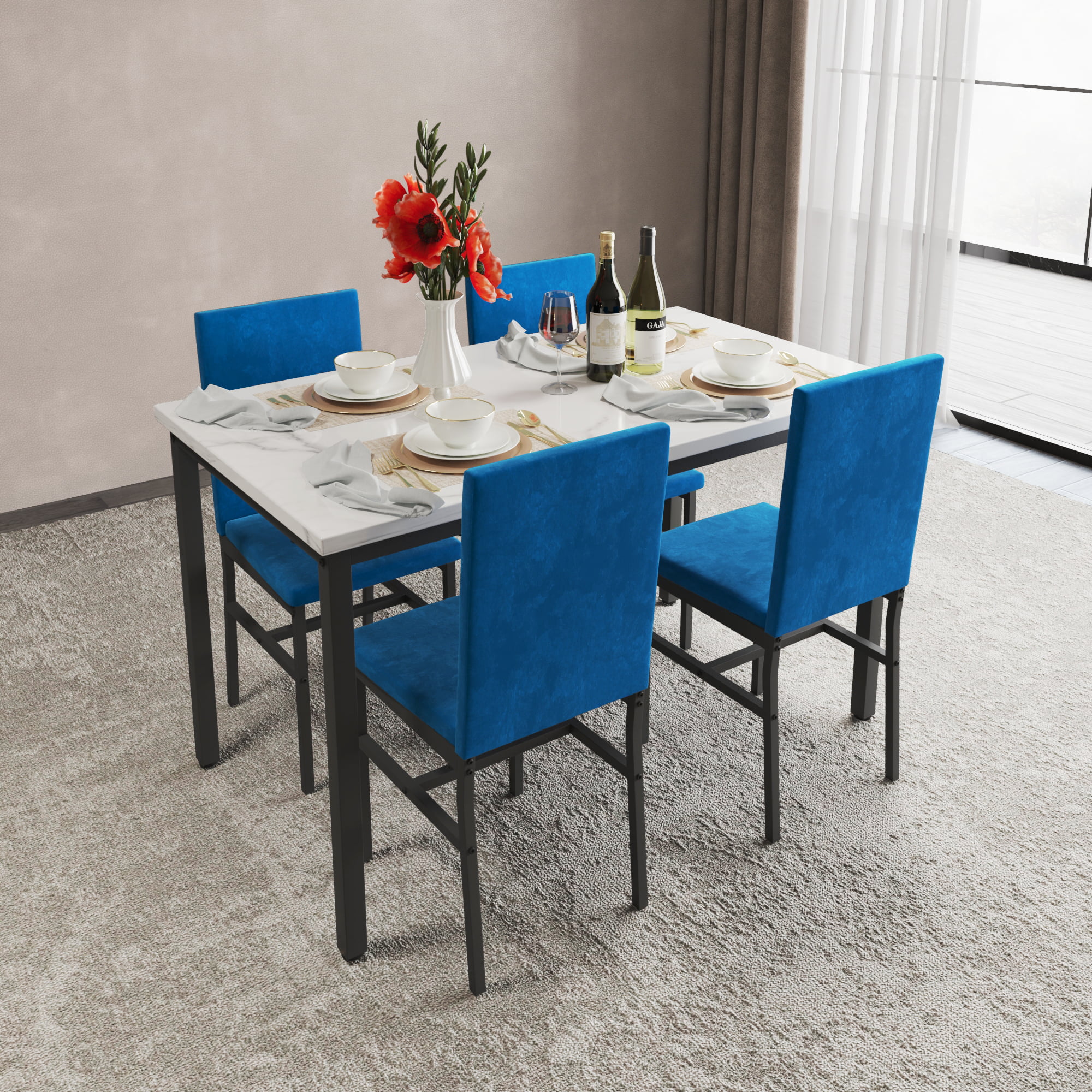 Modern Dining Set for 4, 5-Piece Dining Table and Chairs Set, 1 Table with White Marble Top, 4 Blue Velvet Chairs for Kitchen Dining Room Living Room