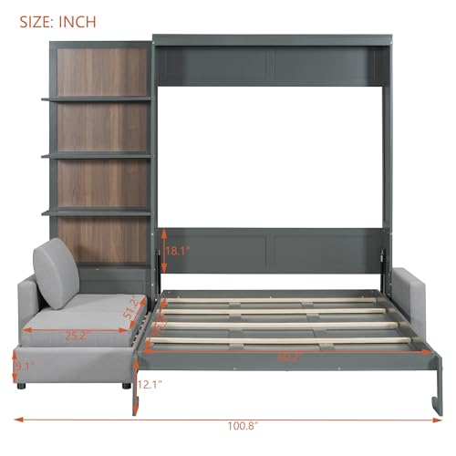 HABITRIO Queen Size Murphy Bed, Wooden Queen Murphy Bed Frame with Shelves, Wall Bed with L-Shape Sofa, Gray