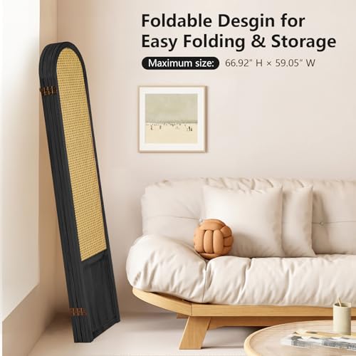 Room Divider 4 Panel, Folding Privacy Screen, Foldable Wood Divider Room Dec, Rattan Room Divider, Portable Partition Screen