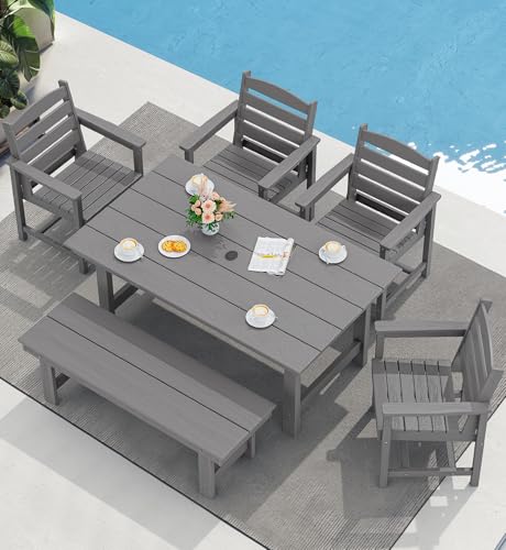 SERWALL Outdoor HDPE Dining Table Set, 7-Piece Outdoor Dining Table Sets with Umbrella Hole Cut-Out Table and 6 Chairs, Gray
