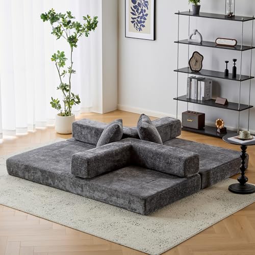 Convertible Sleeper Sofa Bed with Cylindrical Pillow, Corduroy Folding Mattress Couch with Fixed-Shape Frame