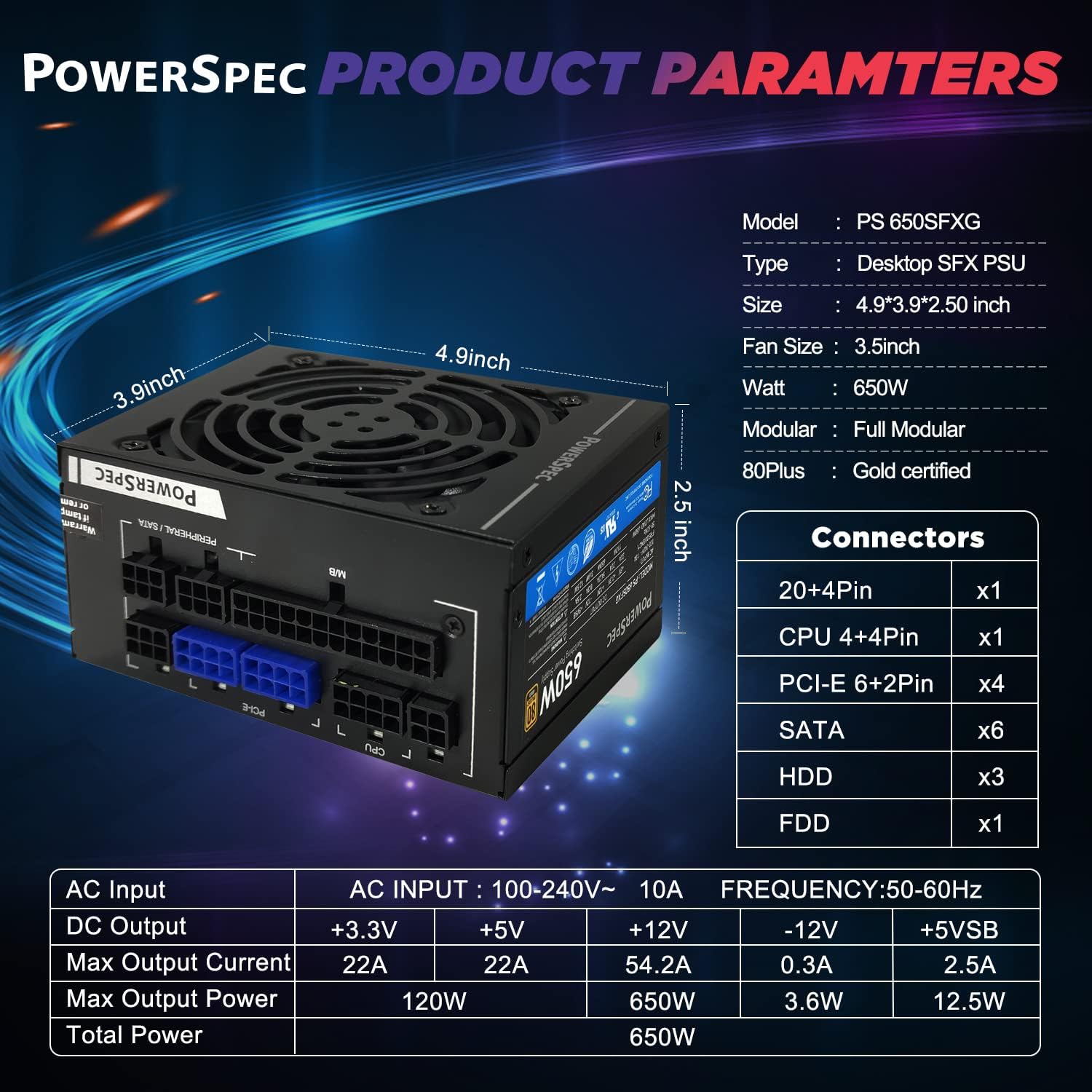 PowerSpec 650W Power Supply 80 Plus Bronze Certified Fixed Cable Non-Modular ATX PSU Active PFC SLI Crossfire Ready Gaming PC Computer Switching