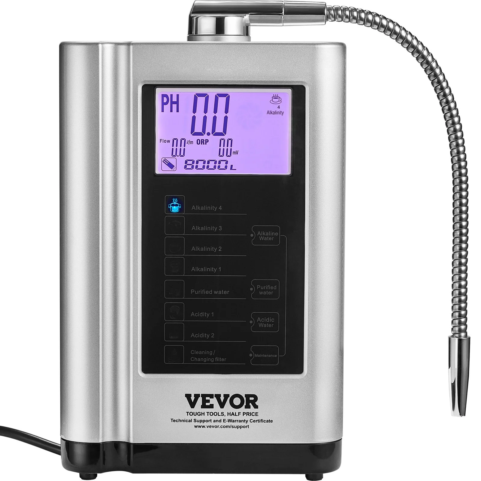 VEVOR Alkaline Water Ionizer Machine, pH 3.5-10.5, 7 Water Settings, -550mV ORP, 8000L Per Filter, Auto-Cleaning