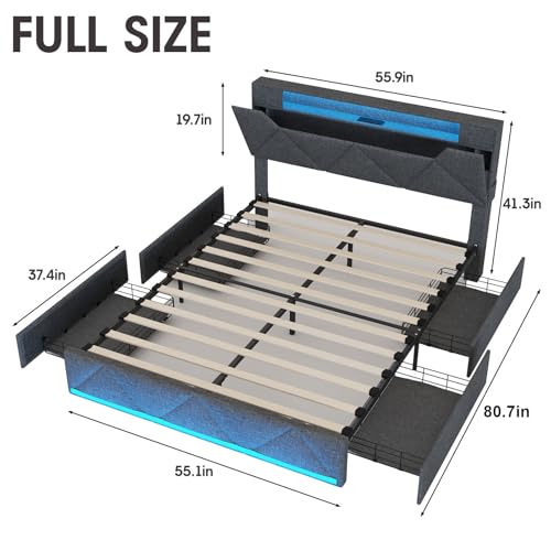 Vabches Queen Bed Frame with Storage Headboard and 4 Drawers,Upholstered Platform with Charging Station and Led Lights,Adjustable Headboard