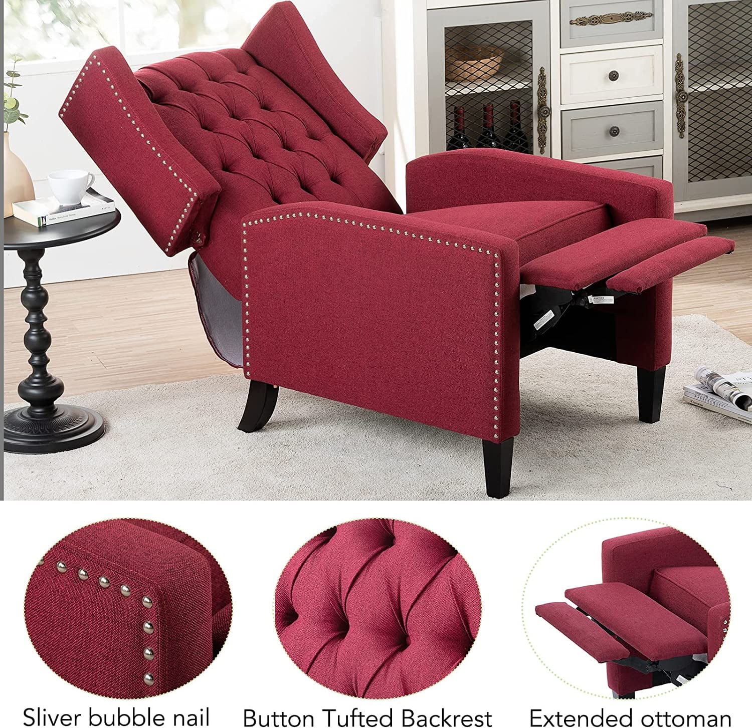 Wingback Recliner Tufted Fabric Recliner Traditional Classic Recliner Reading Armchair Push Back Arm Recliner Lounge Chair Study Living Room Bedroom