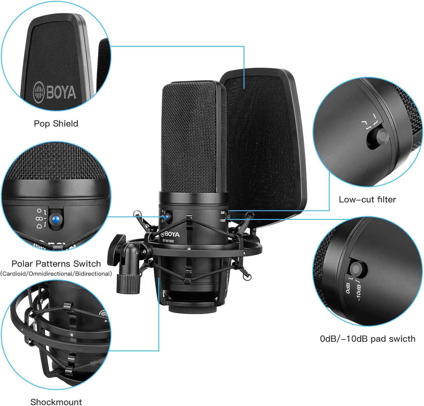 BOYA Large Diaphragm, Multi-Pattern Studio Condenser Microphone with Shock Mount, Pop Filter, and XLR Cable - Studio Microphone for Music, Vocals