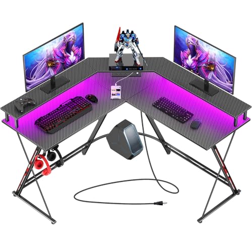 SEVEN WARRIOR Gaming Desk 50.4” with LED Light & Power Outlets, L-Shaped Gaming Desk Carbon Fiber Surface with Monitor Stand