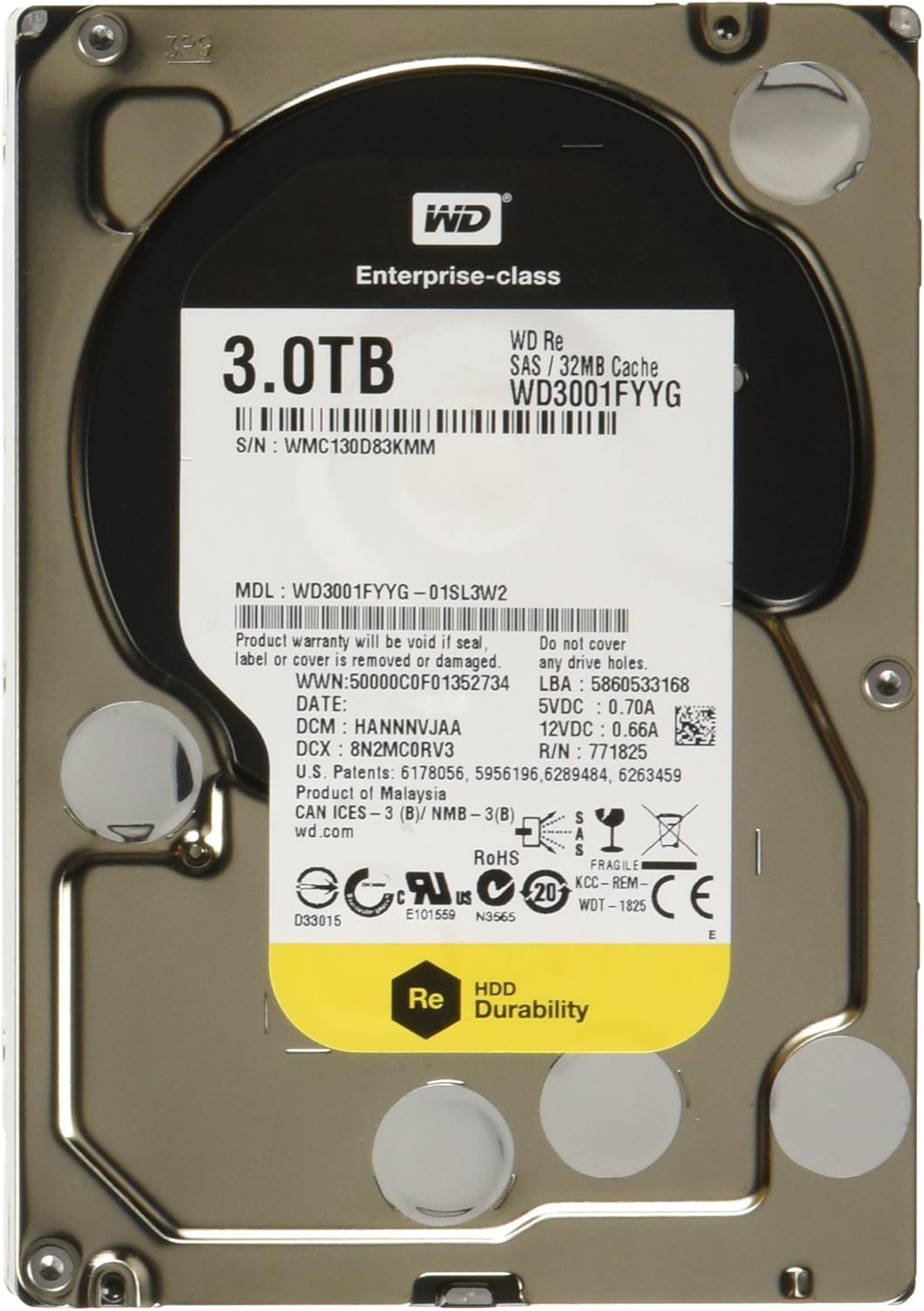 Western Digital Re WD3001FYYG 3TB 7200 RPM SAS 6Gb/s 32MB Cache 3.5 Inch Datacenter Capacity Enterprise Hard Drive