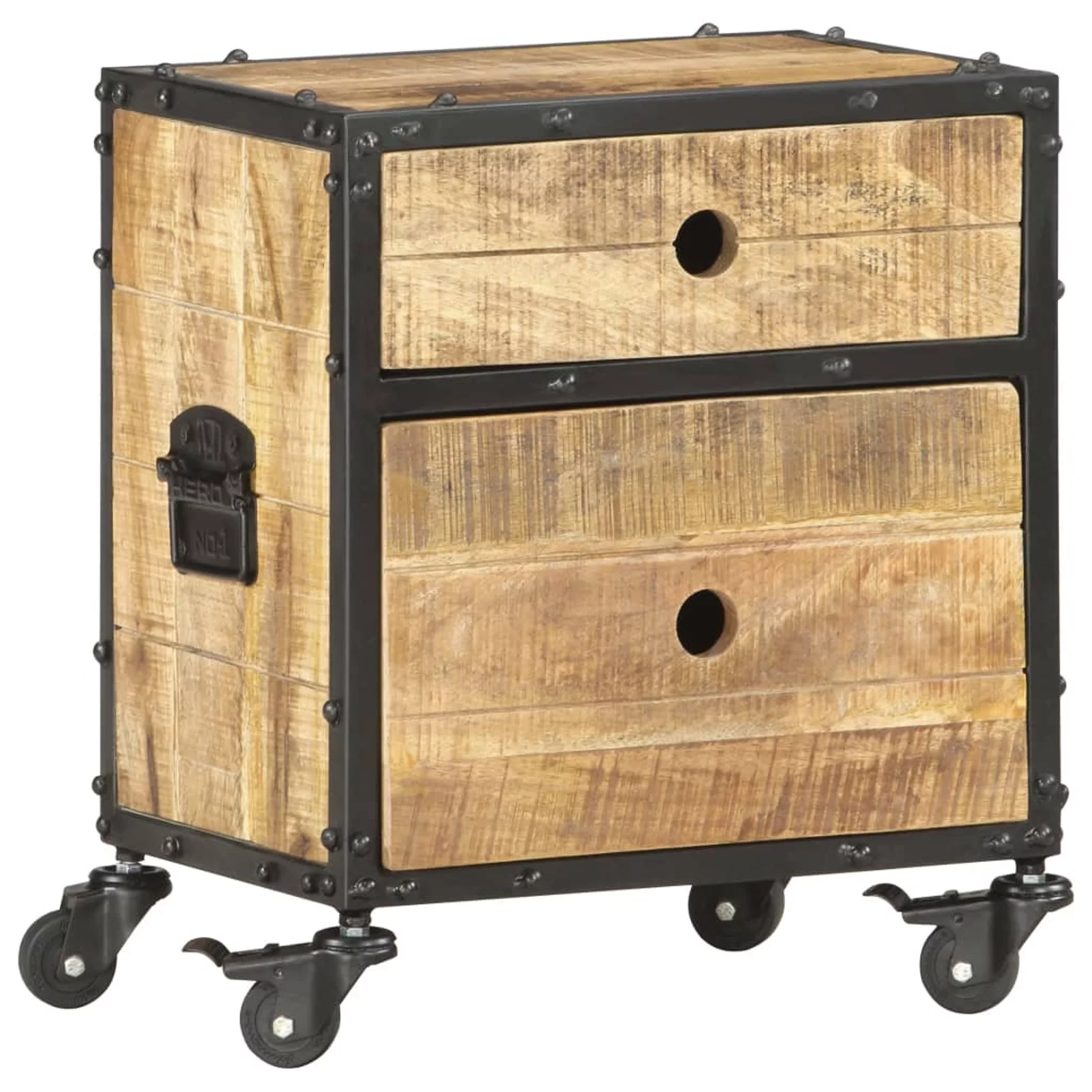 Anself Bedside Cabinet with 2 Storage Drawer and Wheels Rough Mango Wood Sofa End Side Table Nightstand for Living Room, Bedroom