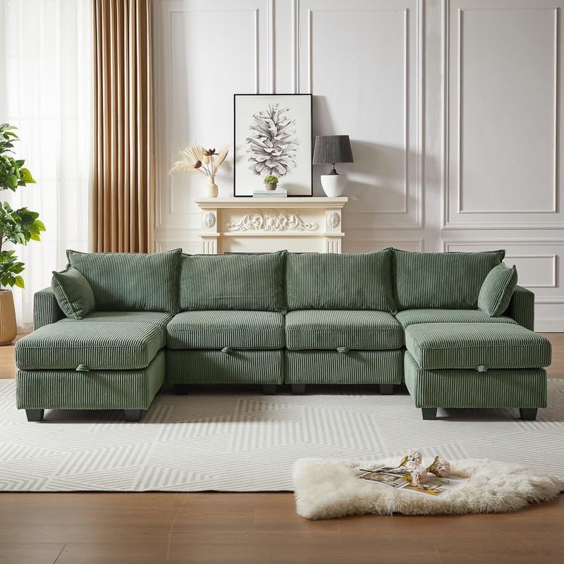 U Shaped Modular Sectional Sofa Couch, Corner Sofa with 4pcs Waist Pillows, Chaise Lounge, Terrycloth Fabric Sofa
