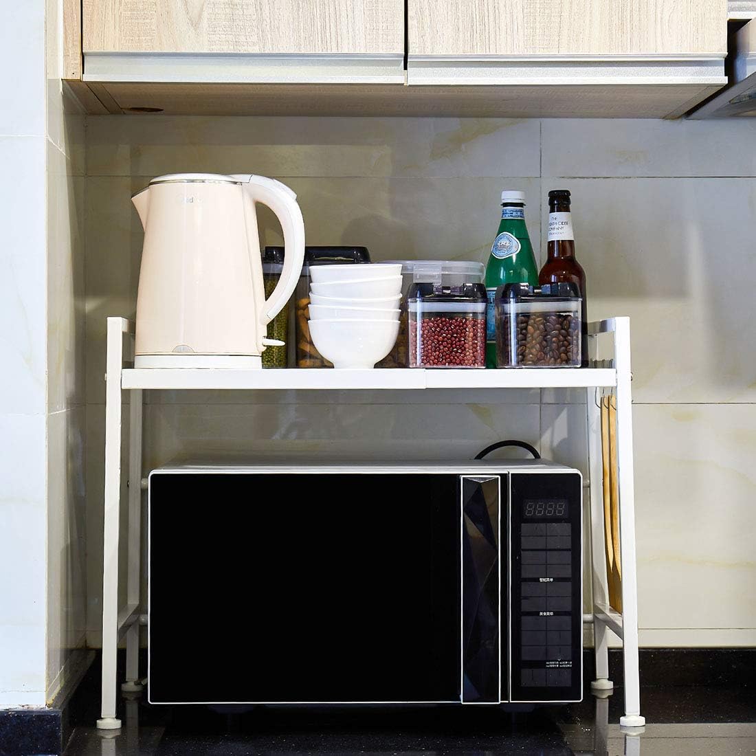 i BKGOO Expandable White Microwave Oven Rack Shelf Kitchen Supplies Tableware Storage Carbon Stainless Steel Counter Rice Cooker Stand Contains 2
