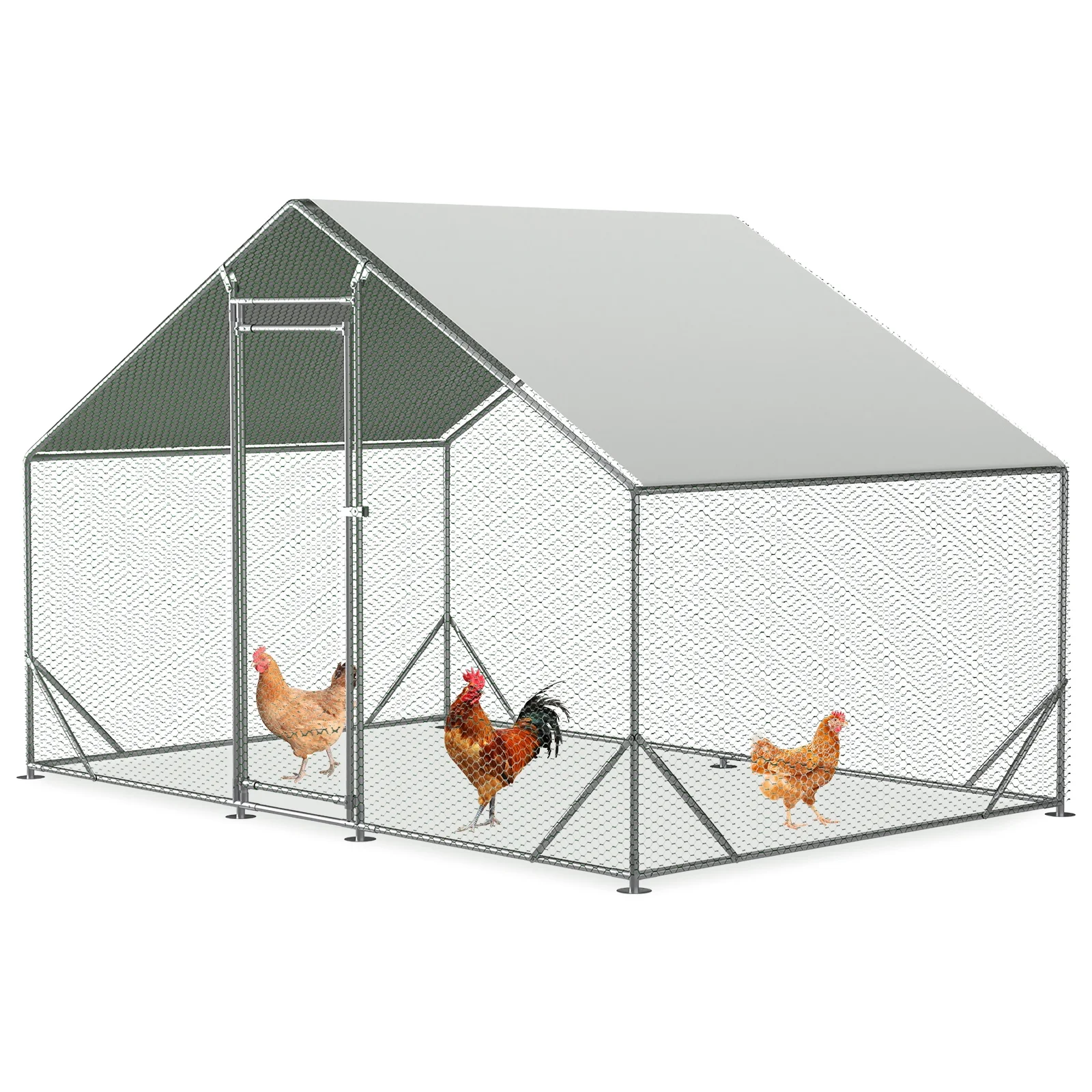 SYTHERS Large Metal Chicken Coop, Walkin Poultry Cage for Yard with Waterproof Cover, Peaked Roof for Hen House, Duck and Rabbit, Silver