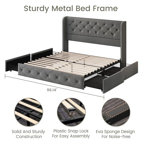 King Size Bed Frame with 4 Storage Drawers and Tufted Headboard Linen Upholstered Platform Bed Frame Wingback Beds with Wooden Slats Support