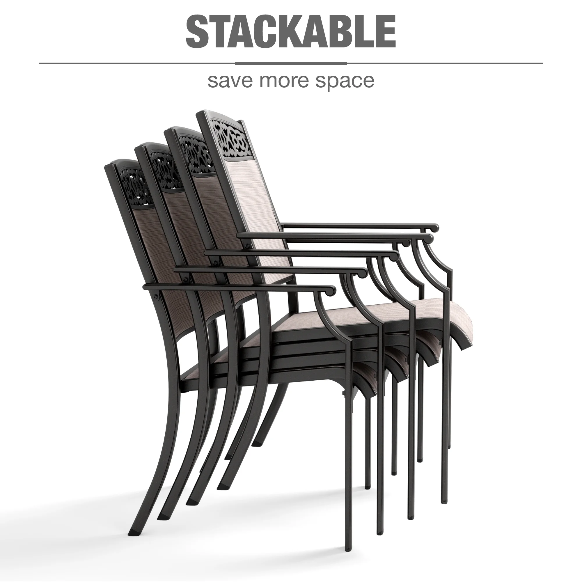 MF Studio 5-Piece Outdoor Patio Dining Set with 4 Pieces Cast Aluminum Stackable Armchairs and 1 Piece Metal Steel Dining Table,Black&Beige