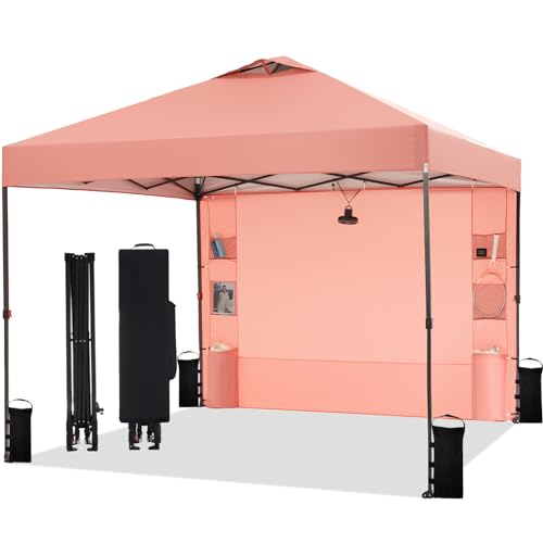 10'x10' Pop Up Canopy Tent with 1 Sidewall and 6 Pockets, One Push Setup, Instant Shade Tent with Vented Roof for Beach Patio Outdoor, Case, 8 Stakes
