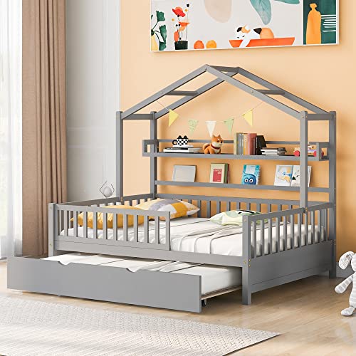 House Bed with Storage Shelf,Wooden Bed Frame with Full-length Guardrail for Bedroom, No Box Spring Needed (Pink, Full Size House Bed with 2 Drawers)
