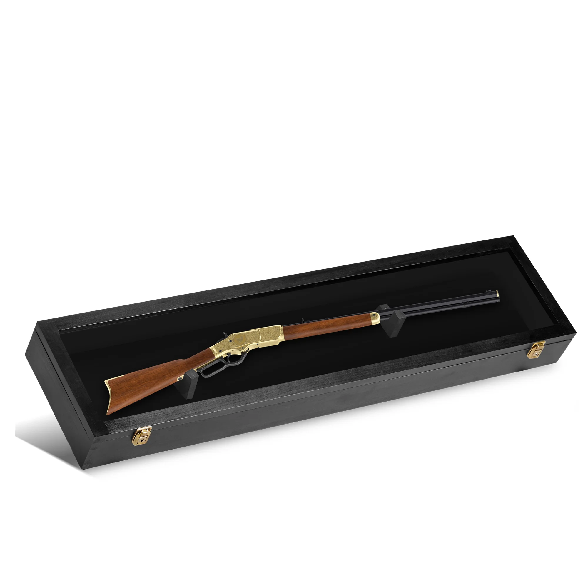 PENNZONI Rifle Gun Display Case, Clear Acrylic & Hardwood Cabinet, Golden Oak w/ Red Felt