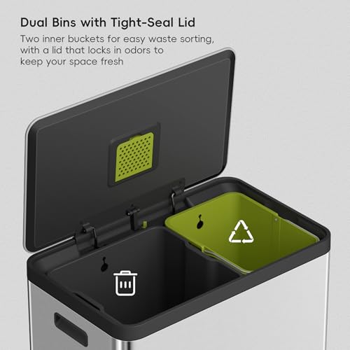 EKO EcoCasa II 36L+24L Dual Trash Can with Recycle Bin, Stainless Steel Garbage Can with Lid, Deodorizer Compartment