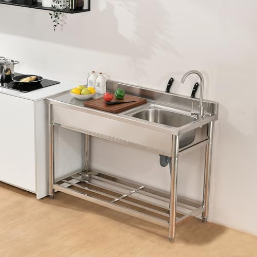Stainless Steel Utility Sink Freestanding Kitchen Sink with Faucet Single Bowl 16 Gauge Outdoor Workbench with Knife Hole for Restaurant or Laundry