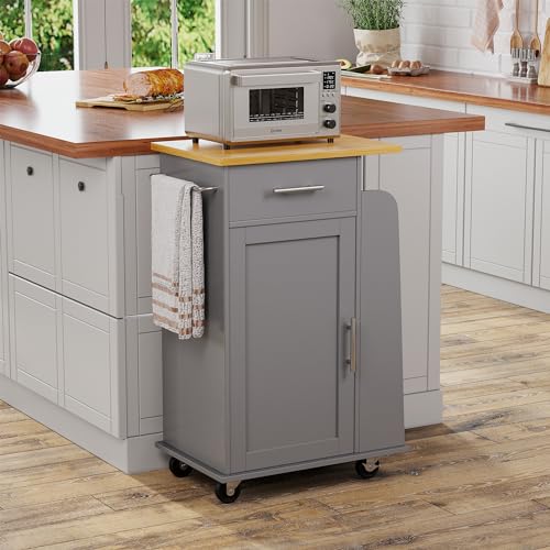 Shintenchi Rolling Kitchen Island Cart with Folding Drop Leaf Breakfast Bar, Portable Trolley Island with Large Storage Cabinet, Shelf and Drawer