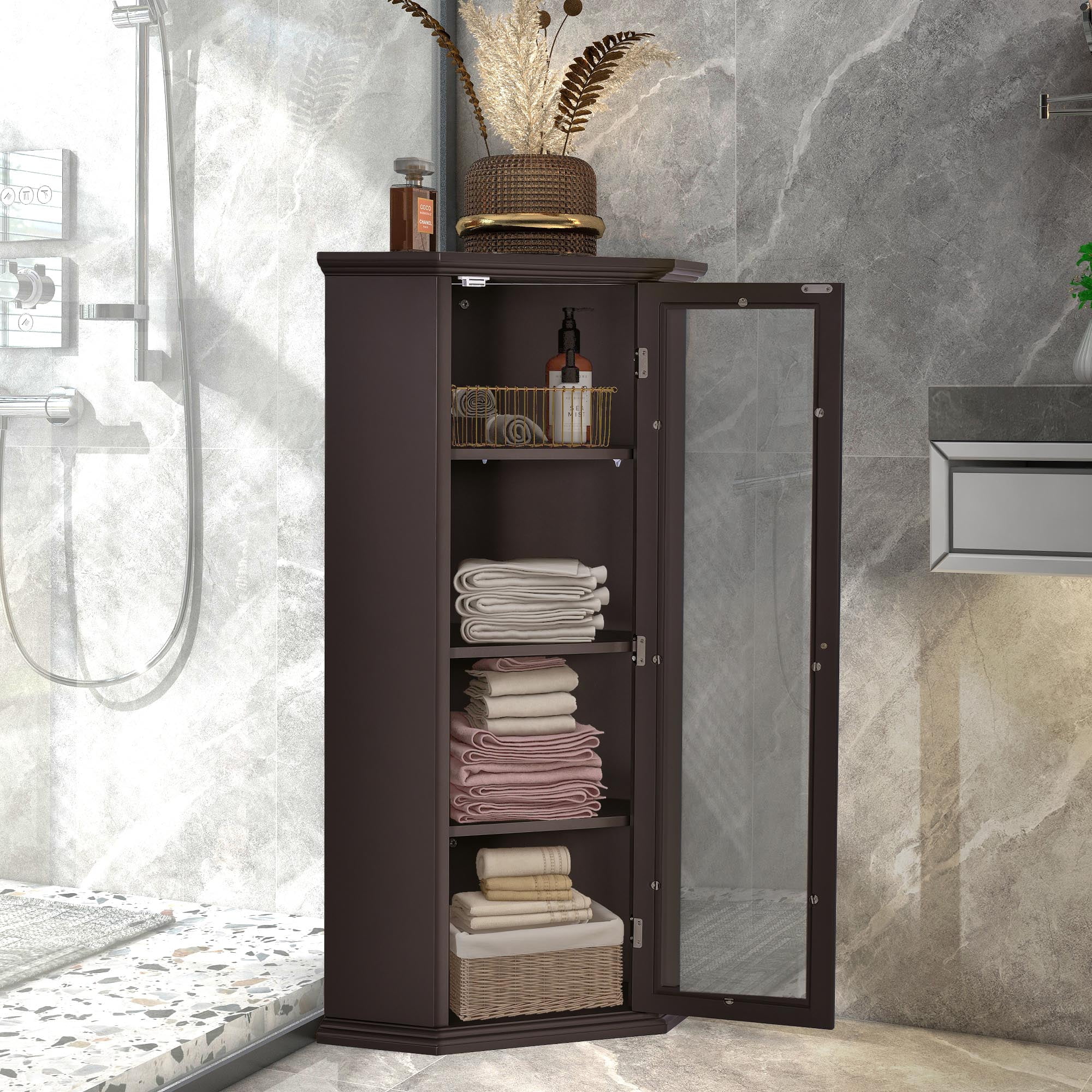 Freestanding Bathroom Cabinet with Glass Door, Corner Storage Cabinet for Bathroom, Living Room and Kitchen, MDF Board with Painted Finish