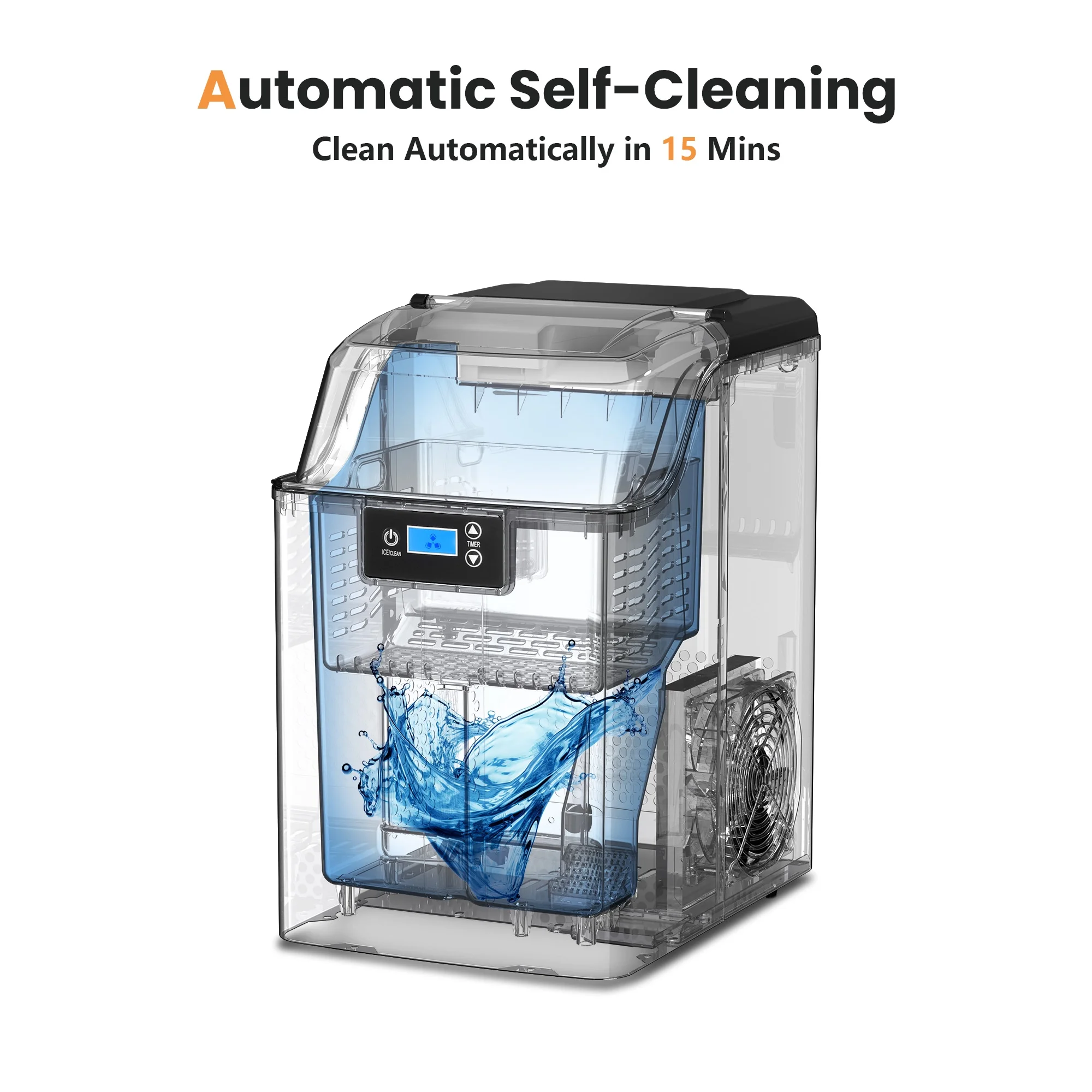 Besttey Countertop Ice Maker, Nugget Chewable Soft Ice, 44 lbs/24 H, Auto-Cleaning, Portable/Compact, w/ Basket & Scoop, Silver