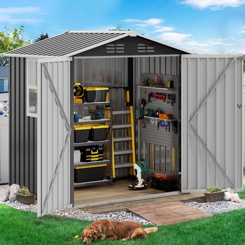 DWVO 6x4ft Metal Outdoor Storage Shed with Window, Lockable Tool Storage Sheds, Steel Garden Sheds with Sloped Roof for Backyard, Patio, Garage, Lawn