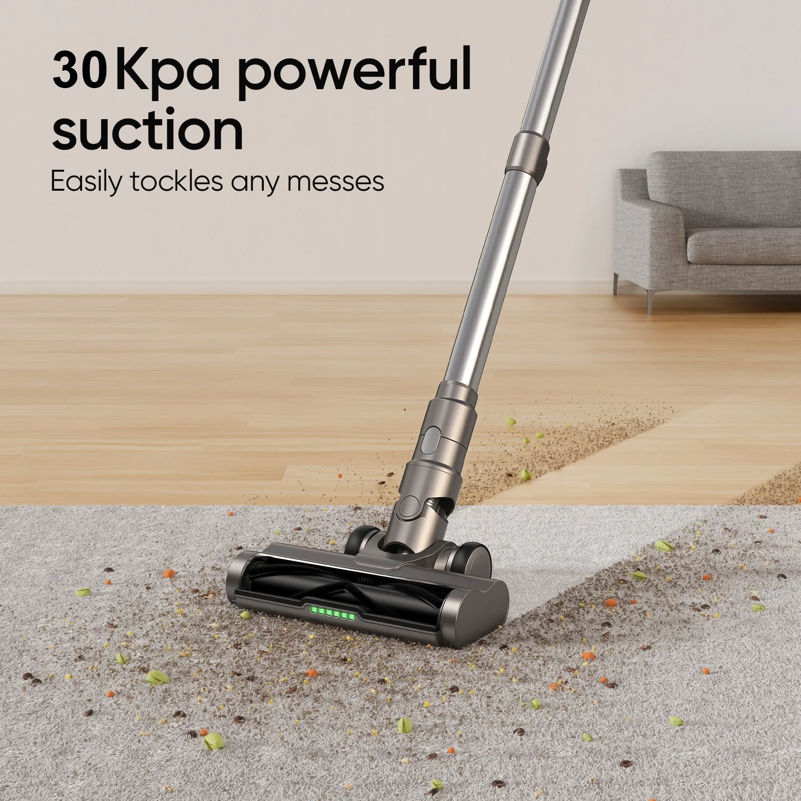 MOOSOO Cordless Vacuum Lightweight Stick Vacuum Cleaner with 30Kpa Suction, Dust-Revealing Headlight, Gray