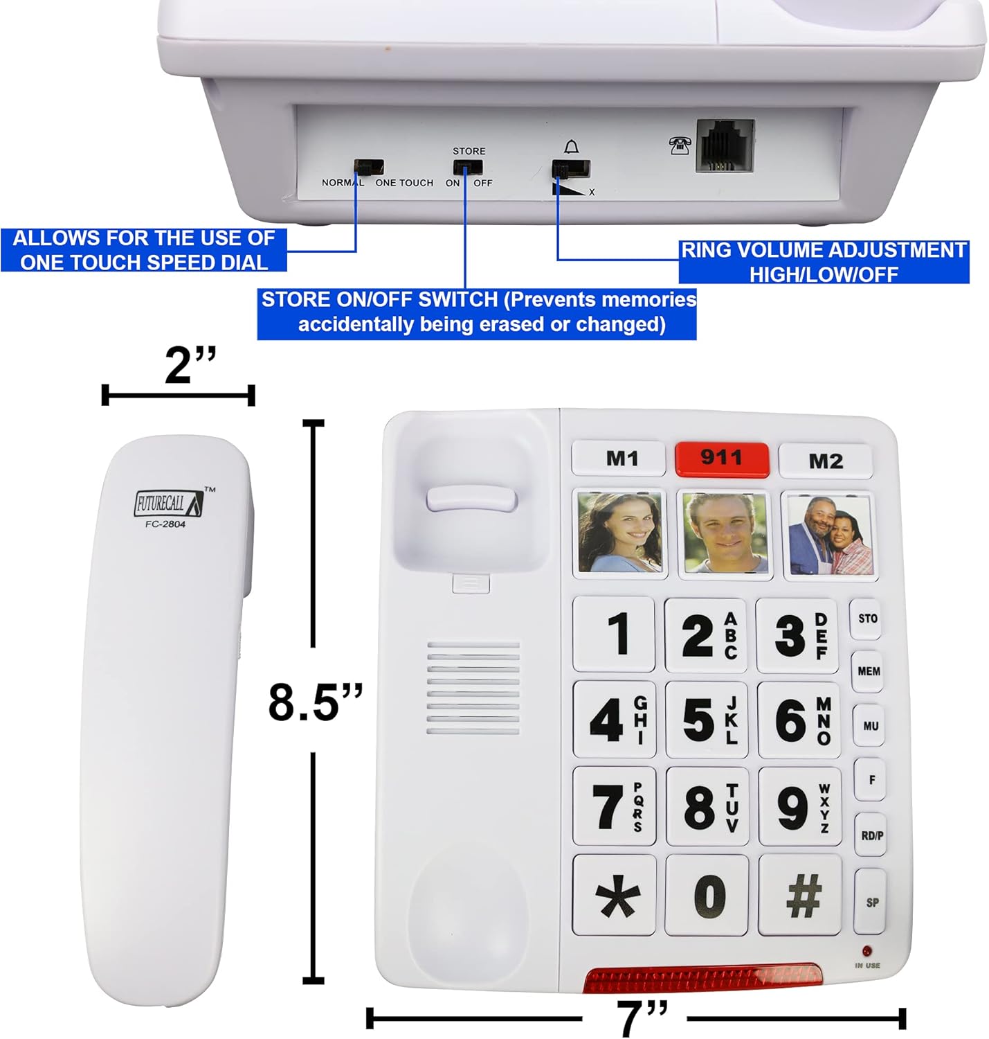 Future Call FC-2804 Big Button Phone for Seniors | 3 Picture Keys and Speakerphone | Amplified Telephones for Hearing Impaired Seniors 40db w/Extra