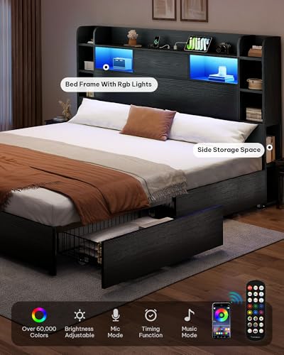 YITAHOME Queen Bed Frame with Bookcase Headboard and 4 Storage Drawers, RGB LED Bed Frame with Type-C & USB Charging Station Storage Headboard Bed