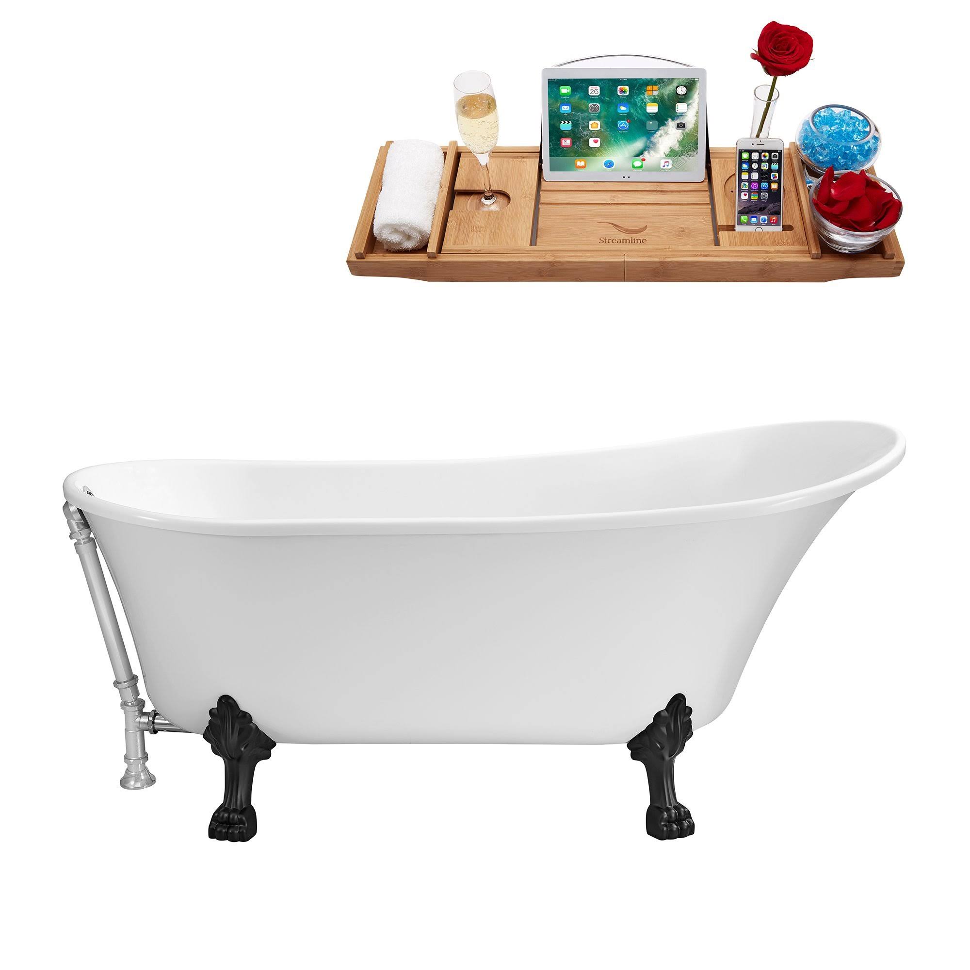 59 inch Streamline N341BL-CH Soaking Clawfoot Tub with External Drain, White