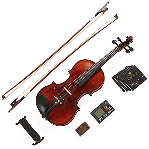 Mendini By Cecilio Violin - MV500+92D - Size 4/4 (Full Size), Black Solid Wood - Flamed, 1-Piece Violins w/Case, Tuner, Shoulder Rest, Bow, Rosin