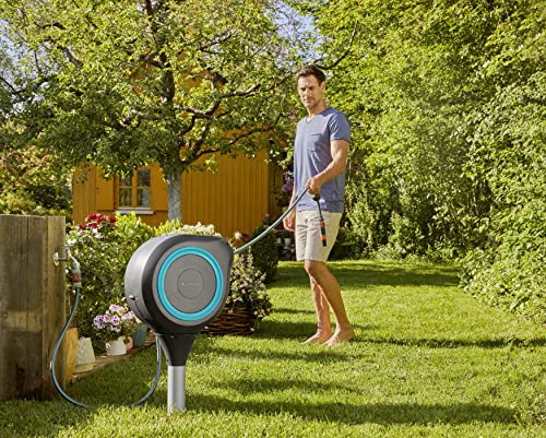 GARDENA (18604-80) 50' x 1/2" Automatic Retractable Garden Hose Reel for Outside Use on Metal Spike With Easy Swivel for Simple Watering of Gardens