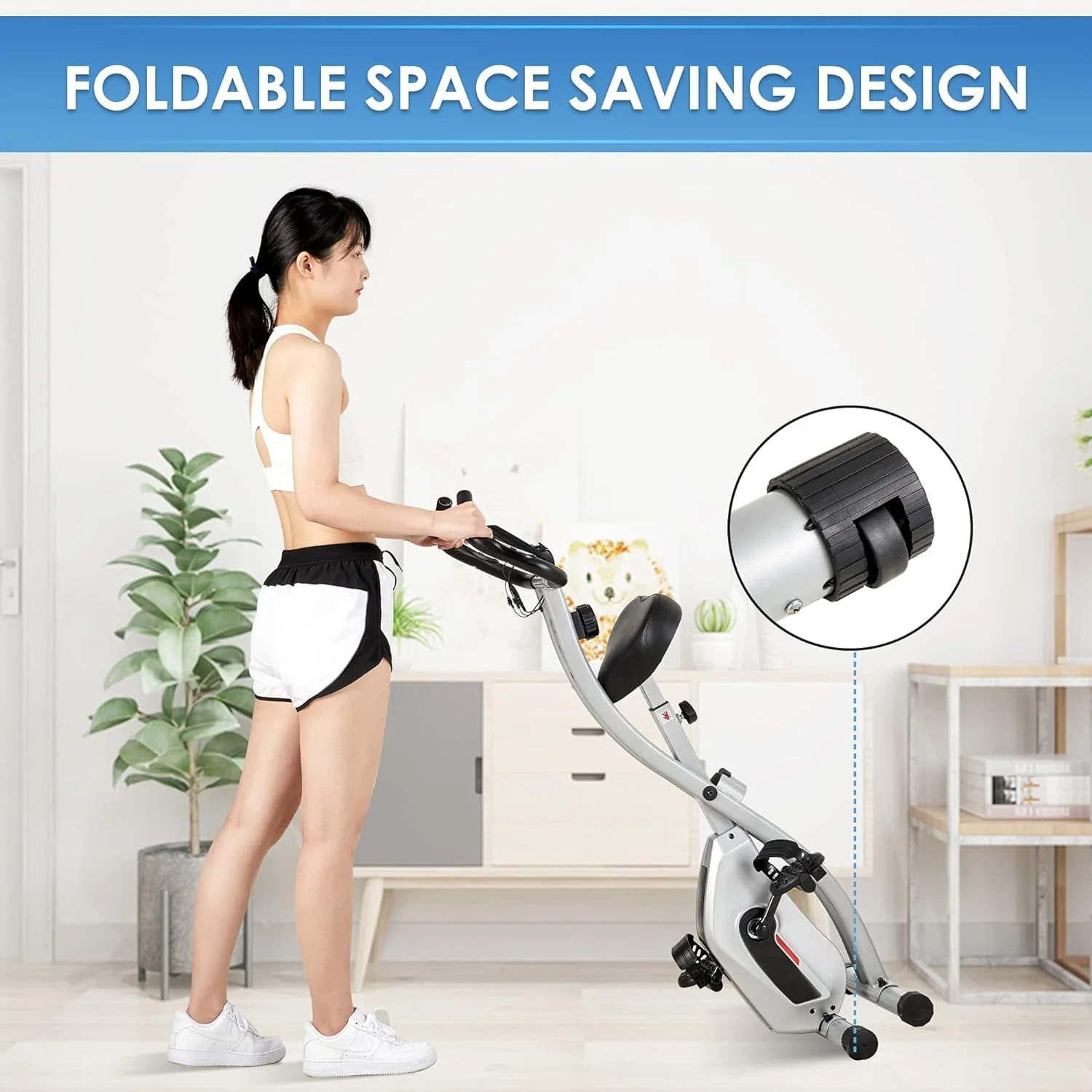Exercise Bike Folding Stationary Bike Recumbent Exercise Bike Machine Home with LCD Monitor Phone Holder Portable