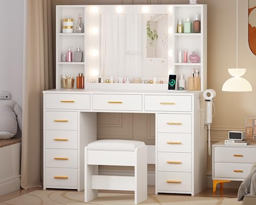 ANWBROAD White Vanity Desk with Mirror and Lights Makeup Vanity Desk with Power Outlet 11 Drawers 9 Shelves Hair Dryer Stand 3 Color Lighting Modes