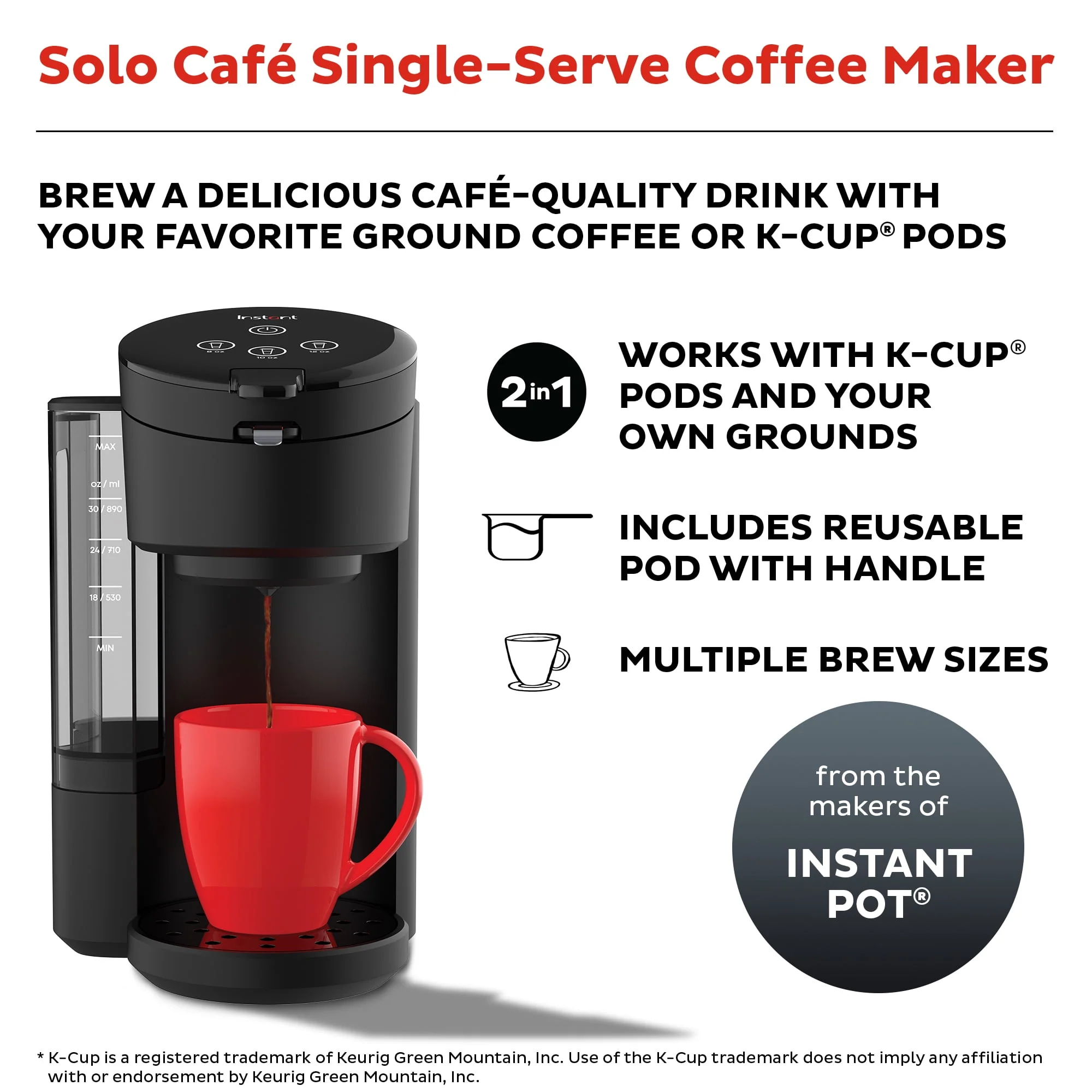 Instant Solo Caf¨¦ 2-in-1 Single Serve Coffee Maker for K-Cup Pods and Ground Coffee, Black