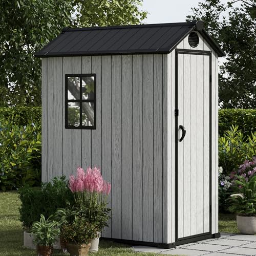 4.4x6 FT Resin Outdoor Storage Shed, 230 Cuft Garden Tool Sheds & Outdoor Storage Plastic Shed with Floor