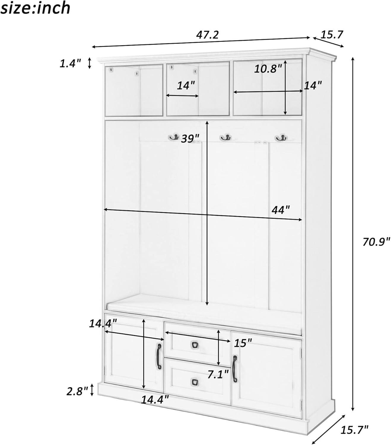 NicBex Hall Tree with Bench and Shoe Storage Hall Tree with 3 Hooks, Coat Hanger, Entryway Bench, Storage Bench, 3-in-1 Design, 47.2INCH