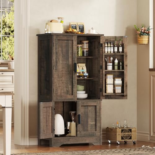 usikey Storage Cabinet with 4 Doors, 43.3" H Farmhouse Kitchen Cabinet with 6 Door Shelves, Kitchen Storage Cabinets with Adjustable Shelves