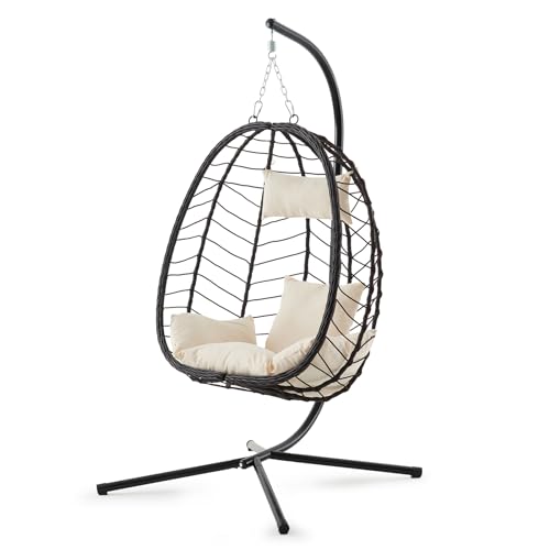 Outdoor Hanging Egg Chair, Patio Wicker Swing Chair with Stand and Cushion, Wider Basket Seating