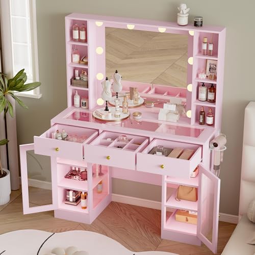 Makeup Vanity Desk with Mirror and Lights, White Vanity with Glass Top, LED Lights & Power Outlet, 3 Drawers & 2 RGB Glass Cabinets